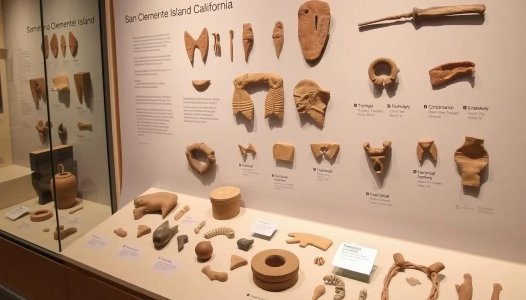 Archaeological artifacts from San Clemente Island displayed in a museum exhibit showing indigenous tools and pottery