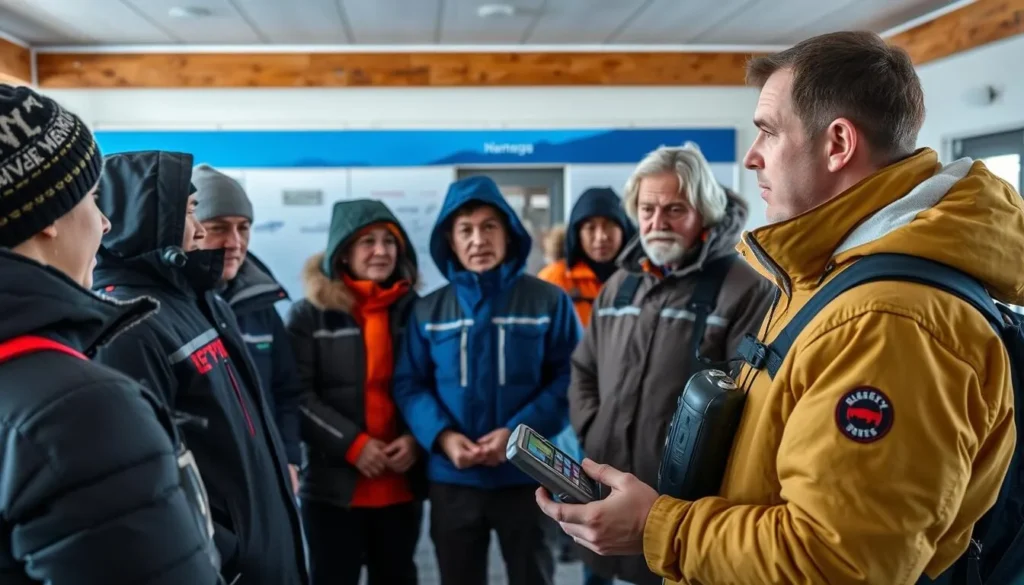 Arctic safety briefing with guide demonstrating proper equipment use