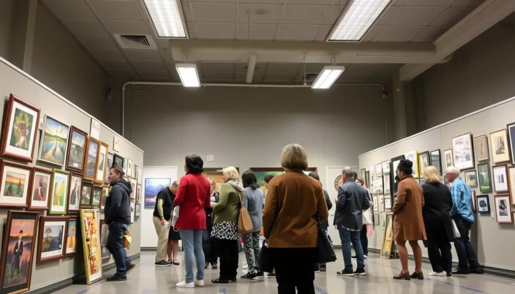 Art display at a Penn Hills community center with visitors viewing local artwork and crafts