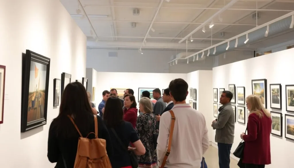 Art exhibition at Edinboro University with visitors admiring displayed artwork Art exhibition at Edinboro University with visitors admiring displayed artwork