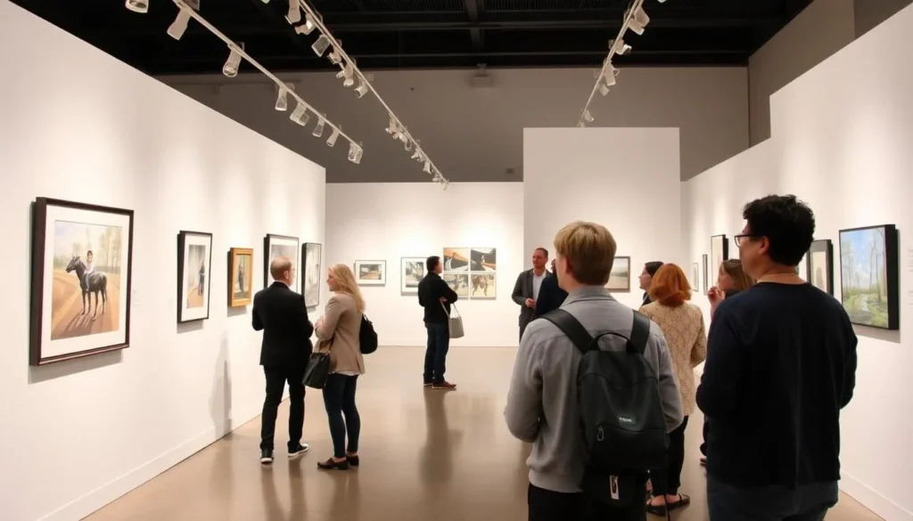Art exhibition at Warrnambool Art Gallery showing diverse visitors enjoying the displays