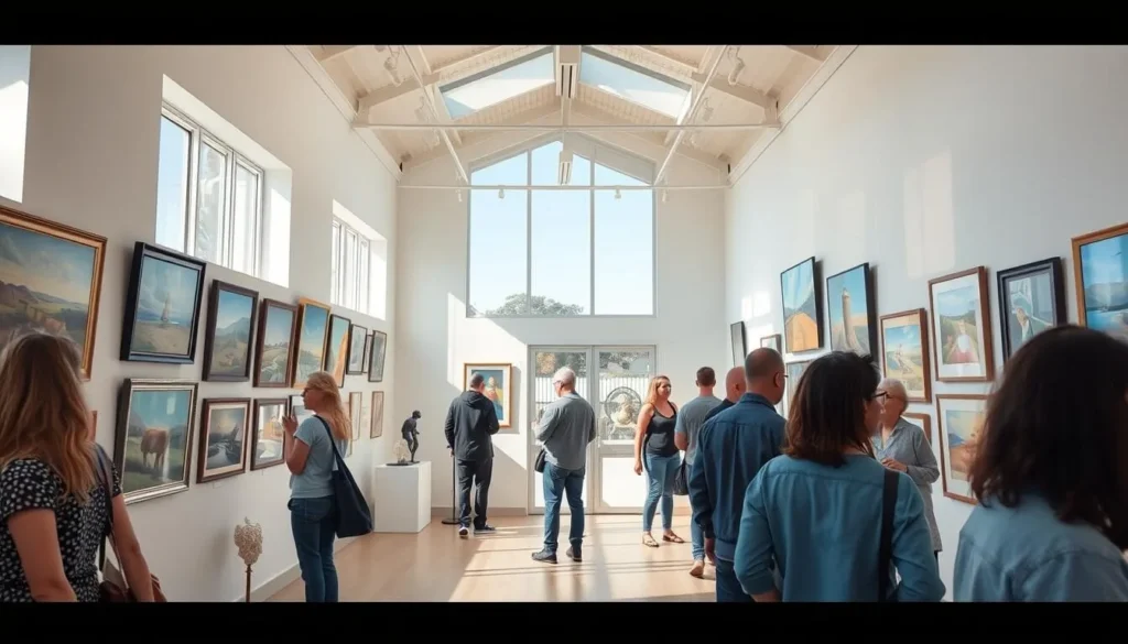 Art gallery in Cygnet Tasmania with visitors viewing local artwork