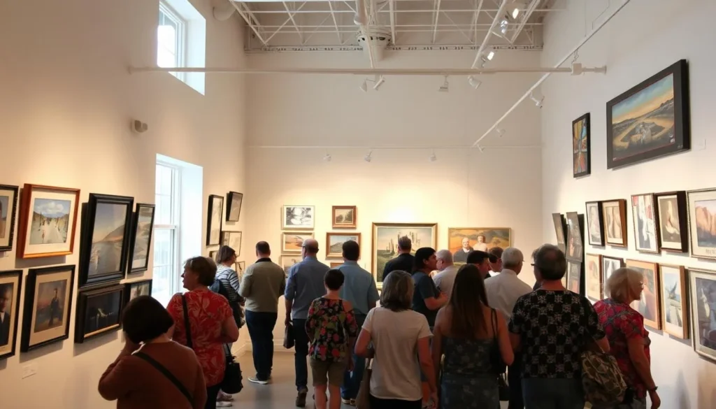 Art gallery in Jerome displaying local artwork with visitors browsing the exhibits