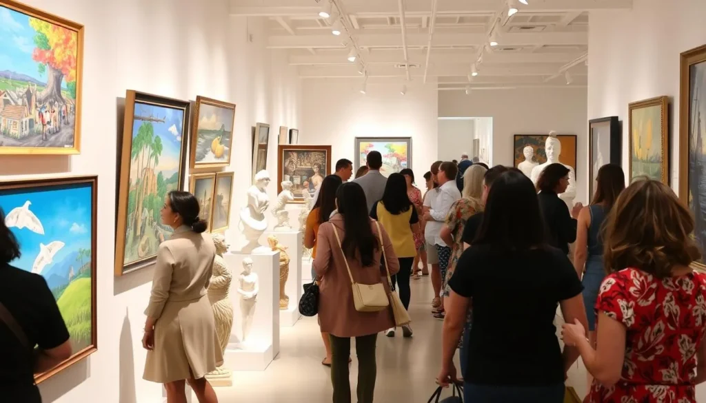 Art gallery in Laguna Beach displaying colorful paintings and sculptures with visitors browsing Art gallery in Laguna Beach displaying colorful paintings and sculptures with visitors browsing
