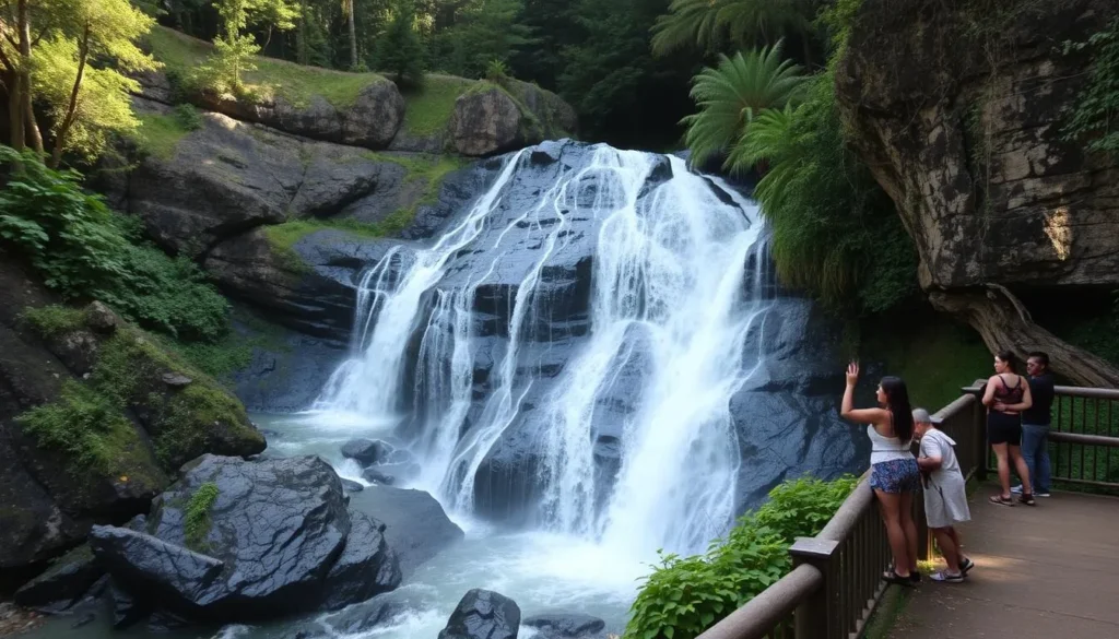 Arve Falls cascading over dark dolerite rocks in Hartz Mountains National Park