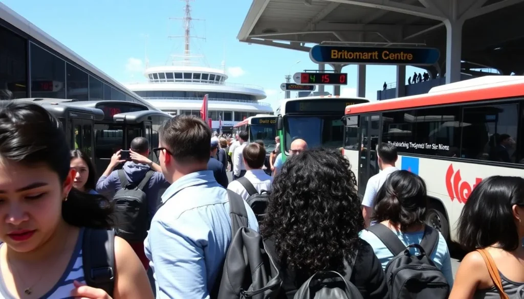 Auckland public transport with ferry and buses at transport hub