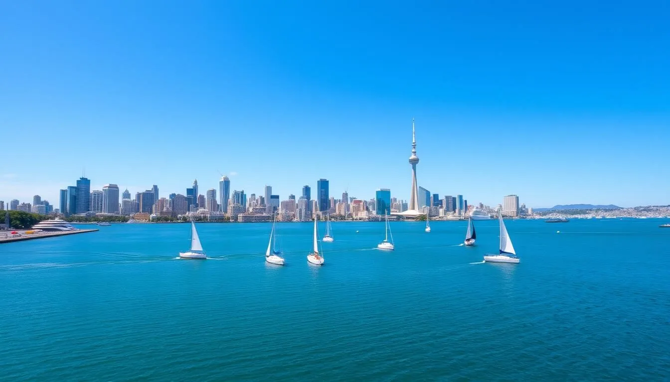 Auckland skyline view with harbor and boats on a sunny day