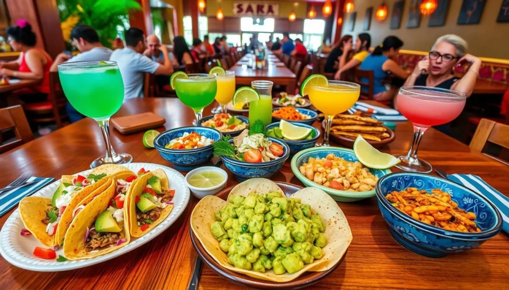 Authentic Mexican dishes including tacos, guacamole, and margaritas at a Cancun restaurant Authentic Mexican dishes including tacos, guacamole, and margaritas at a Cancun restaurant