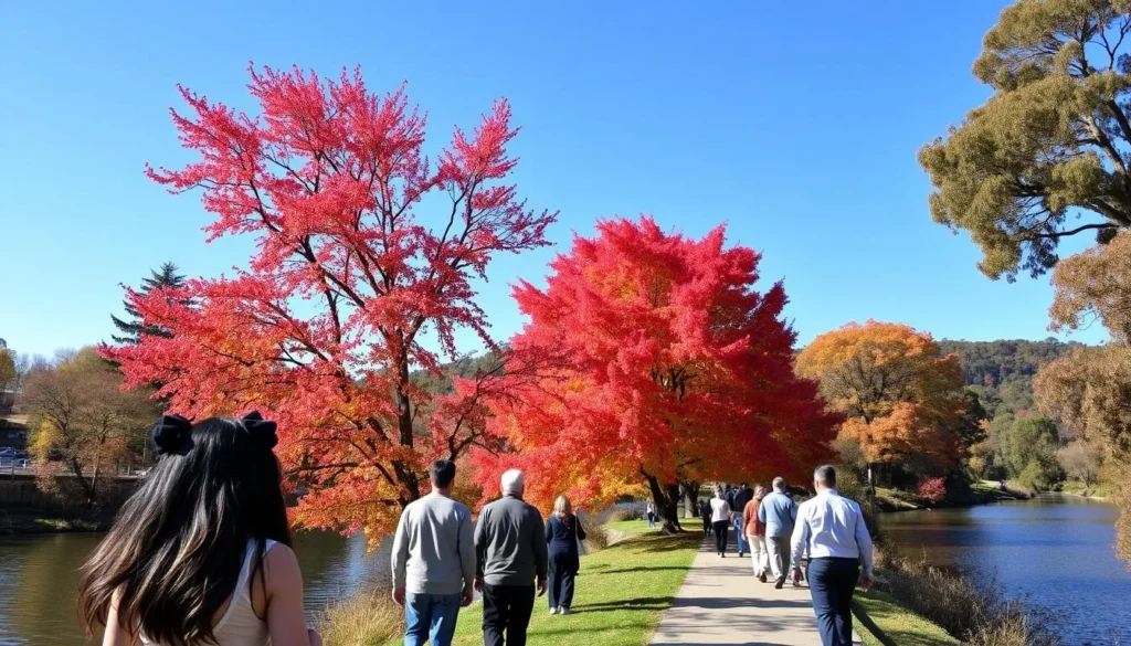 Autumn colors along the Yarra River in Warburton with people walking on riverside path