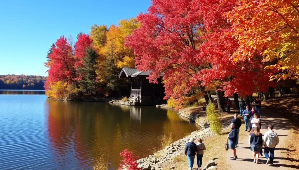 Autumn colors at Bald Eagle State Park Pennsylvania with vibrant foliage around the lake