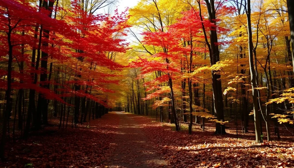 Autumn colors at Hidden Springs State Park Illinois with red and orange foliage Autumn colors at Hidden Springs State Park Illinois with red and orange foliage