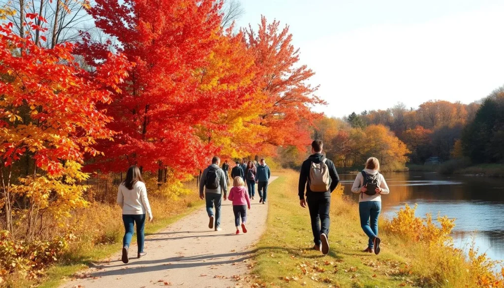 Autumn colors at Kankakee River State Park Illinois with visitors hiking along colorful trails Autumn colors at Kankakee River State Park Illinois with visitors hiking along colorful trails
