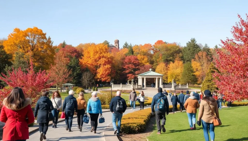 Autumn colors in Lopatinsky Garden in Smolensk with diverse tourists enjoying the scenery