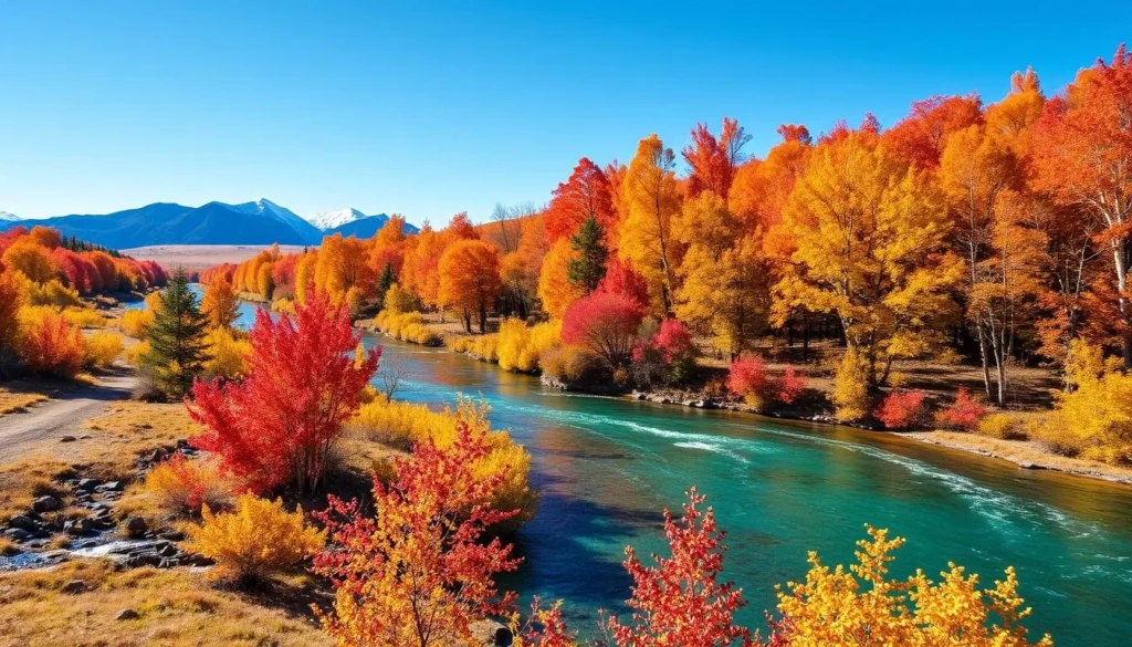 Autumn colors in Udegeyskaya Legenda National Park with vibrant red and gold foliage along the river Autumn colors in Udegeyskaya Legenda National Park with vibrant red and gold foliage along the river