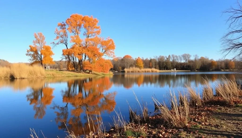 Autumn colors reflecting in Mermet Lake with cypress trees showing fall foliage