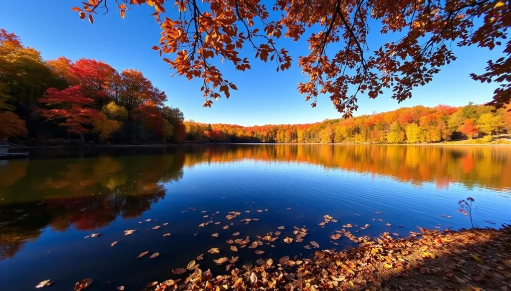 Autumn foliage at Lackawanna State Park with vibrant colors reflecting in the lake Autumn foliage at Lackawanna State Park with vibrant colors reflecting in the lake
