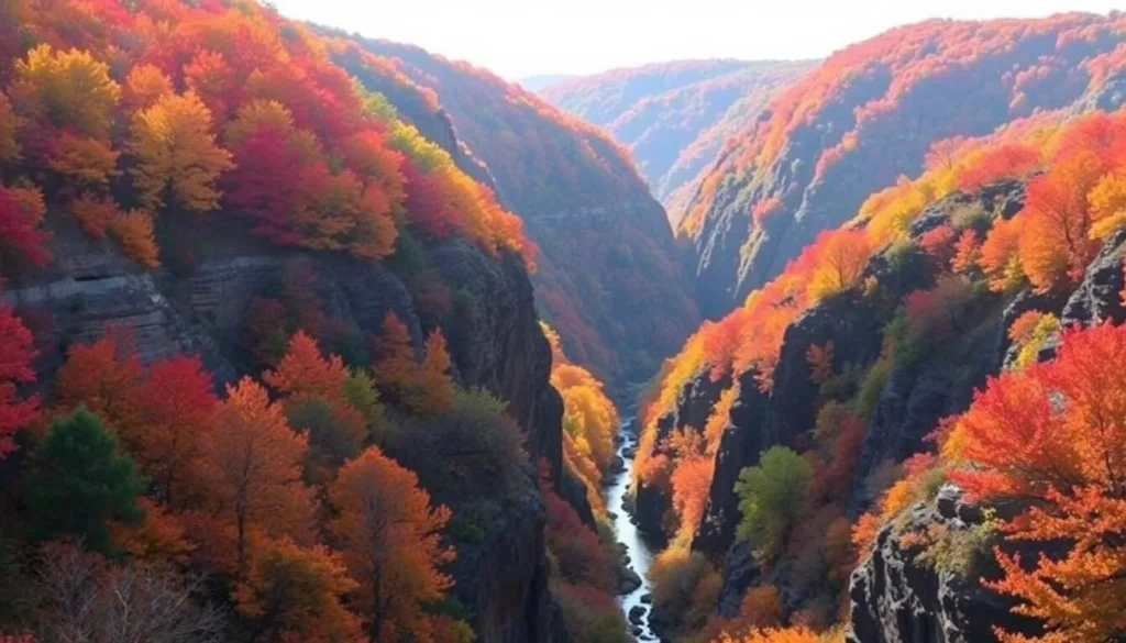 Autumn foliage at Pine Creek Gorge Pennsylvania with vibrant red and orange trees