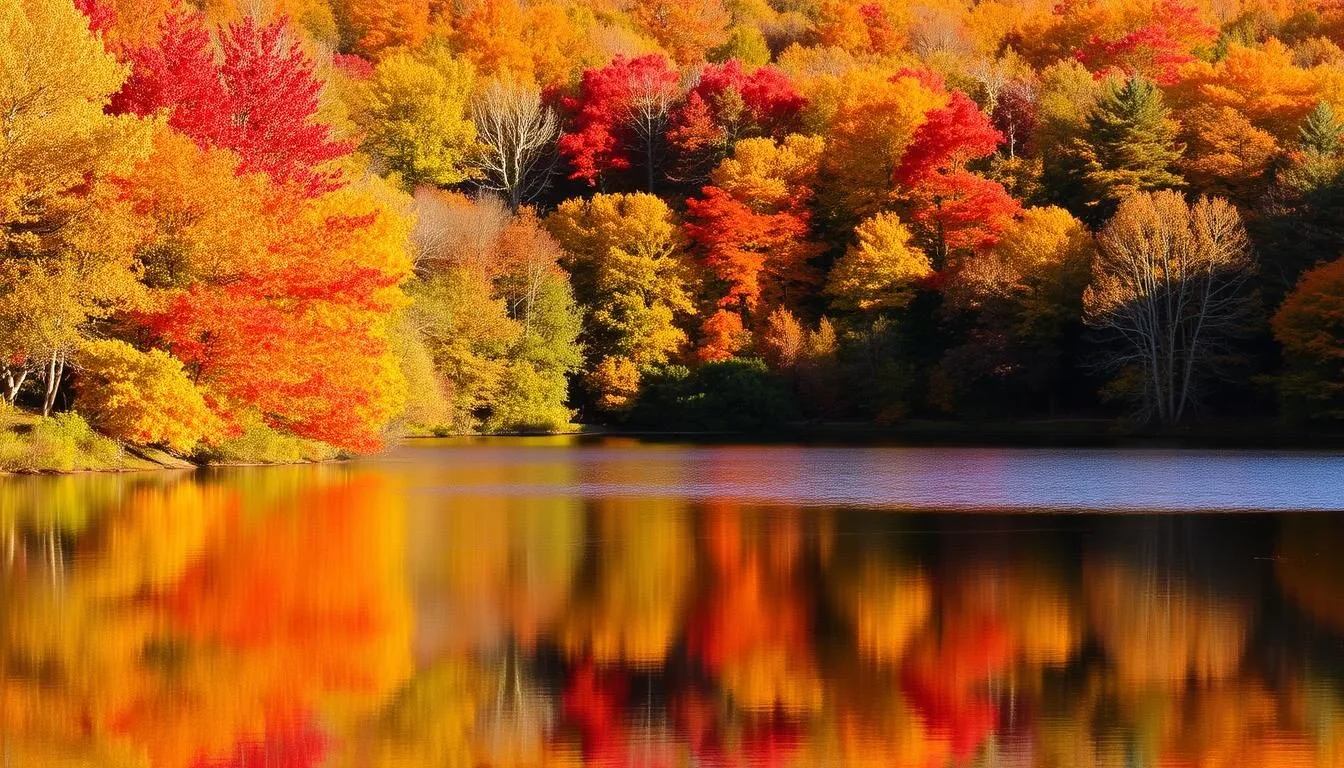 Autumn-foliage-surrounding-Lake-Nockamixon-with-vibrant-red-and-orange-trees Autumn foliage surrounding Lake Nockamixon with vibrant red and orange trees