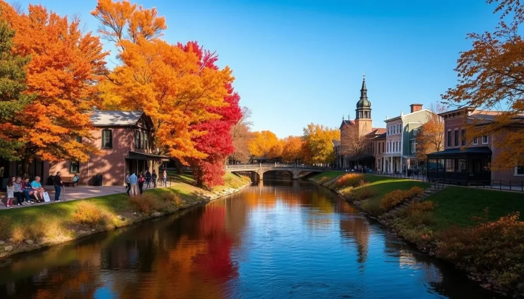 Autumn scene along the Cane River National Heritage Trail with colorful fall foliage and historic buildings