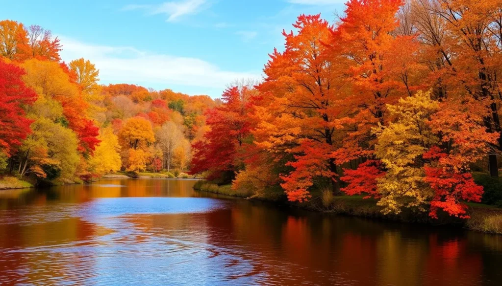 Autumn scene at Delabar State Park with colorful fall foliage along the Mississippi River
