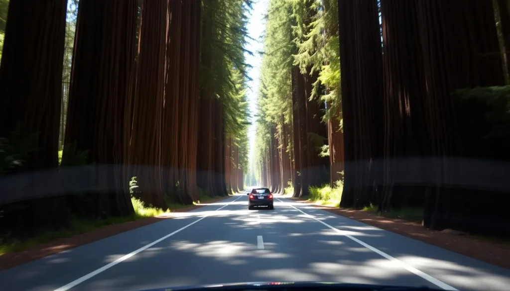 Avenue of the Giants scenic drive with massive redwoods lining both sides of the road Avenue of the Giants scenic drive with massive redwoods lining both sides of the road