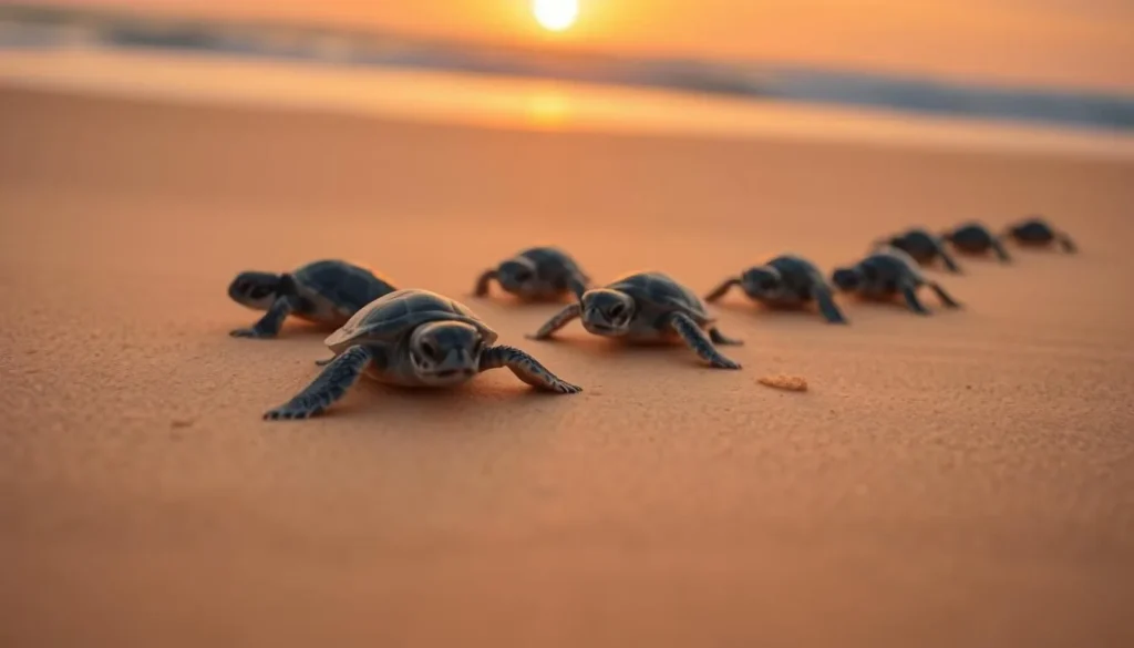 Baby sea turtles making their way to the ocean at sunset in El Pescadero