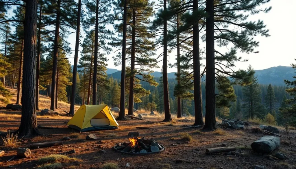 Backcountry campsite in the Galiuro Mountains with a tent set up under pine trees near Rattlesnake Creek Backcountry campsite in the Galiuro Mountains with a tent set up under pine trees near Rattlesnake Creek