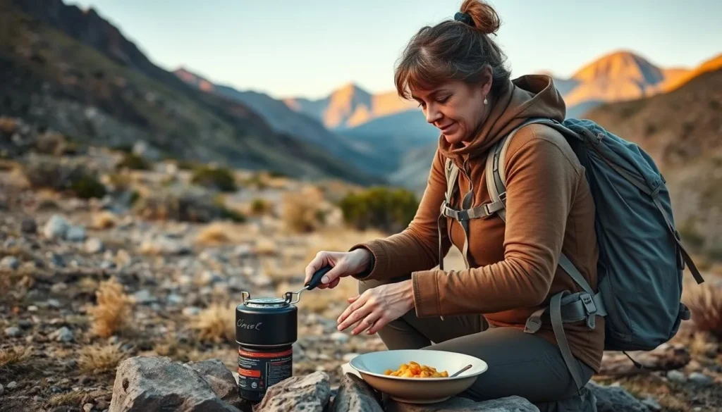 Backpacker preparing a meal at a campsite in the Galiuro Mountains with a portable stove Backpacker preparing a meal at a campsite in the Galiuro Mountains with a portable stove