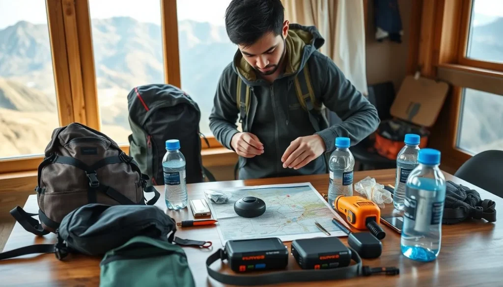 Backpacker preparing equipment for a Galiuro Mountains trek with maps and gear laid out Backpacker preparing equipment for a Galiuro Mountains trek with maps and gear laid out