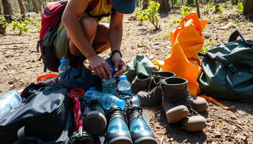 Backpacker preparing gear for hiking in Macaya National Park Haiti