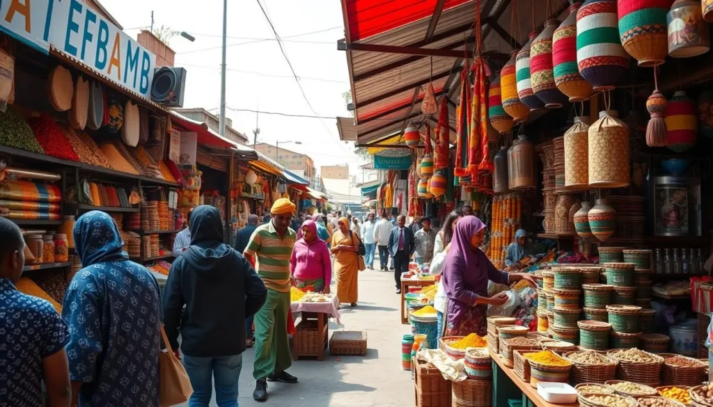 Bahir Dar market with colorful displays of spices, crafts and local products