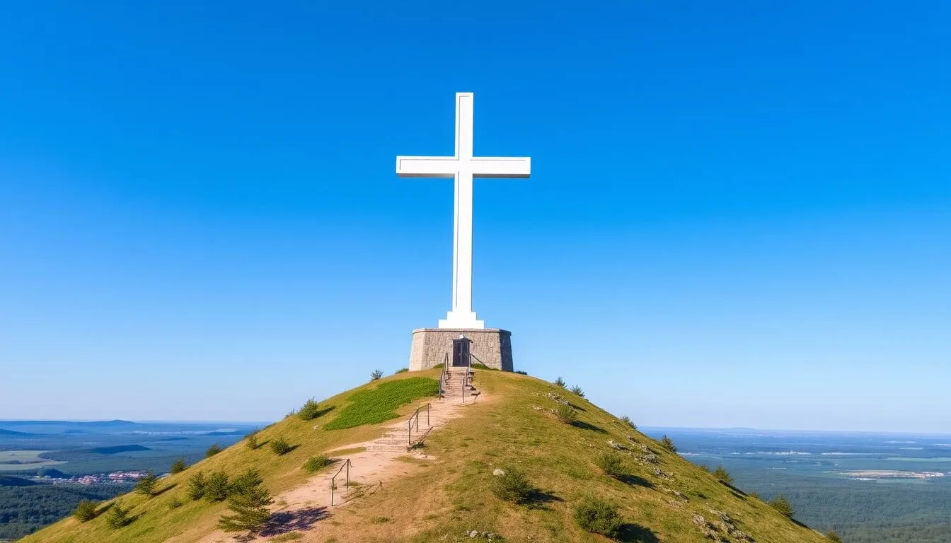 Bald Knob Cross of Peace standing tall against a clear blue sky with rolling hills of Shawnee National Forest in the background