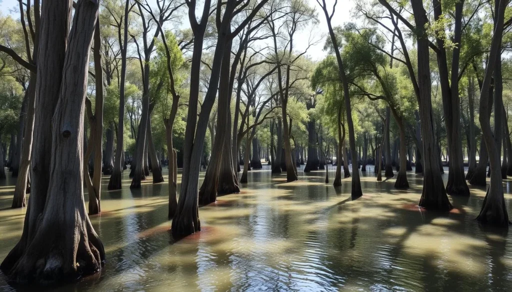 Bald cypress trees in Horseshoe Lake Alexander County State Park Illinois with knees emerging from water Bald cypress trees in Horseshoe Lake Alexander County State Park Illinois with knees emerging from water