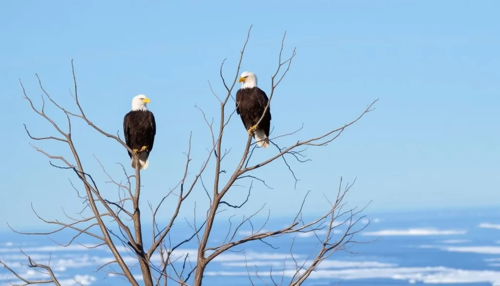 Bald eagles perched on trees at Mississippi River Islands National Wildlife Refuge Bald eagles perched on trees at Mississippi River Islands National Wildlife Refuge