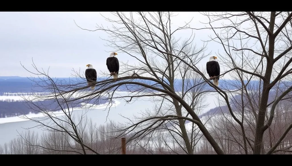 Bald eagles perched on trees at Pere Marquette State Park Illinois during winter eagle watching season Bald eagles perched on trees at Pere Marquette State Park Illinois during winter eagle watching season