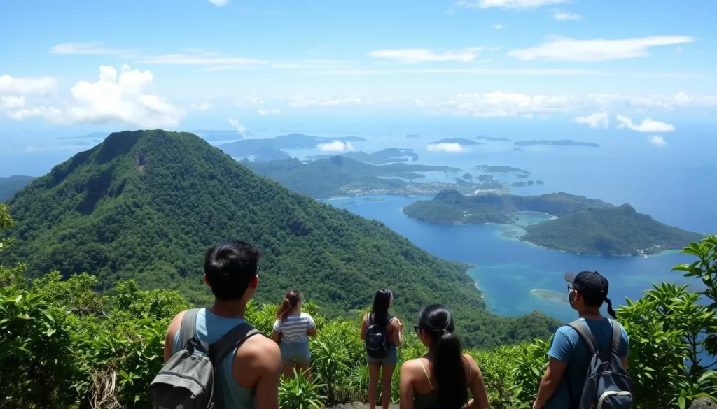 Balut Volcano summit with lush forest canopy and panoramic views of the surrounding islands