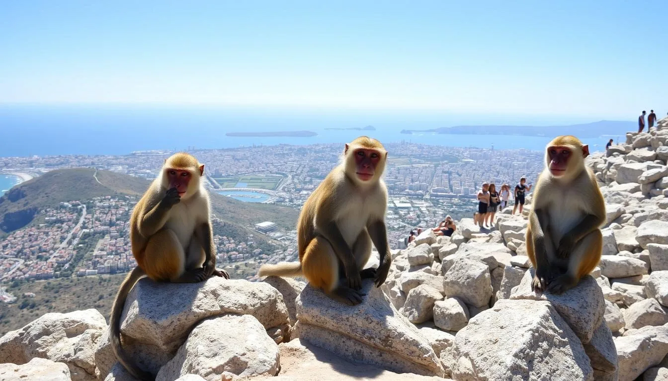 Barbary macaques on the Rock of Gibraltar with views of the city below