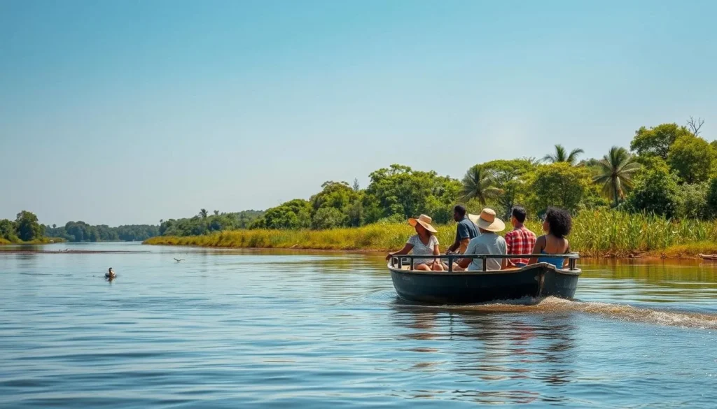 Baro River in Gambela National Park Ethiopia with lush riverine forest and diverse tourists on a boat safari