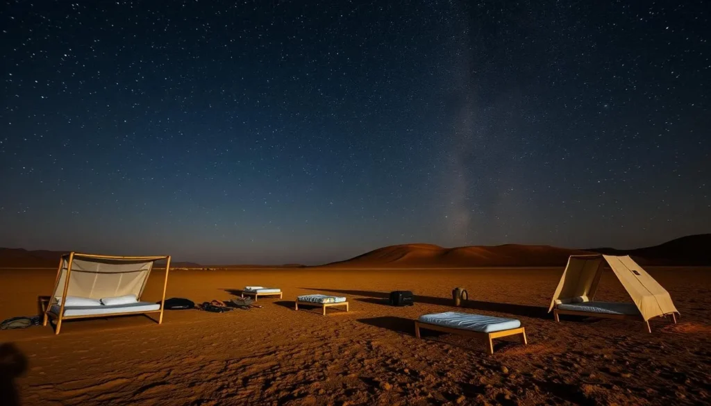 Basic camping setup at night in the Danakil Depression with starry sky overhead