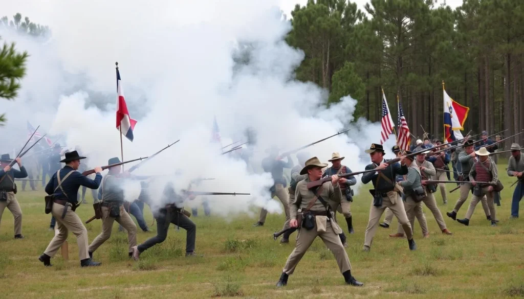 Battle of Olustee reenactment with soldiers in period uniforms engaged in battle