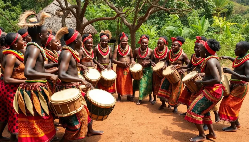 Batwa cultural performance with traditional dancing and music near Kabale