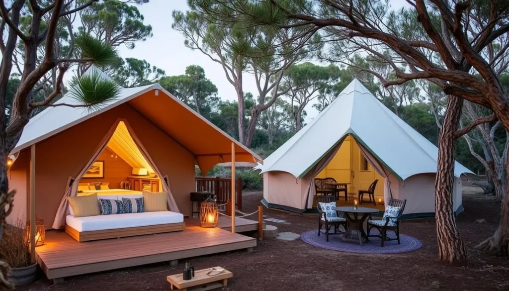 Bay of Fires Bush Retreat glamping tents surrounded by native Australian bush Bay of Fires Bush Retreat glamping tents surrounded by native Australian bush