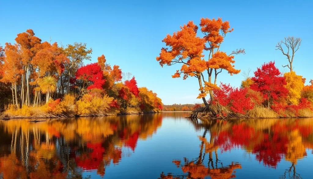 Bayou D'Arbonne during fall with colorful foliage reflecting in the water Bayou D'Arbonne during fall with colorful foliage reflecting in the water