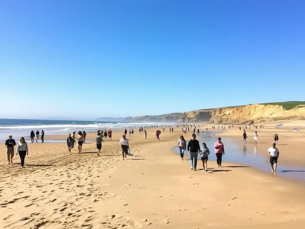 Beach at Hearst San Simeon State Park California with visitors enjoying the shoreline Beach at Hearst San Simeon State Park California with visitors enjoying the shoreline