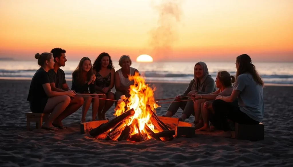 Beach bonfire at sunset at Bolsa Chica State Beach California with people gathered around Beach bonfire at sunset at Bolsa Chica State Beach California with people gathered around