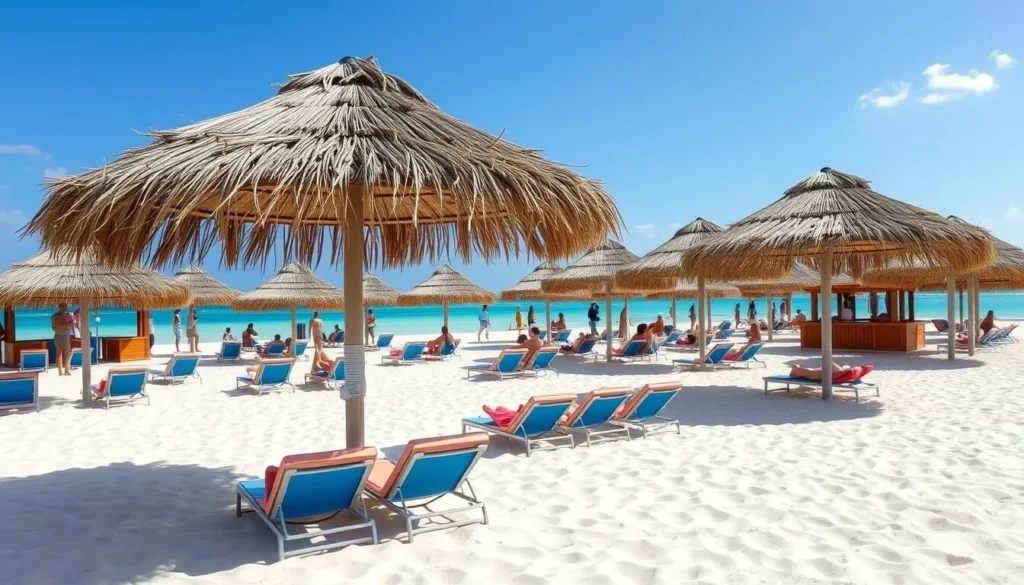 Beach facilities at Playa Paraiso Cayo Largo del Sur Cuba showing palapas and loungers Beach facilities at Playa Paraiso Cayo Largo del Sur Cuba showing palapas and loungers