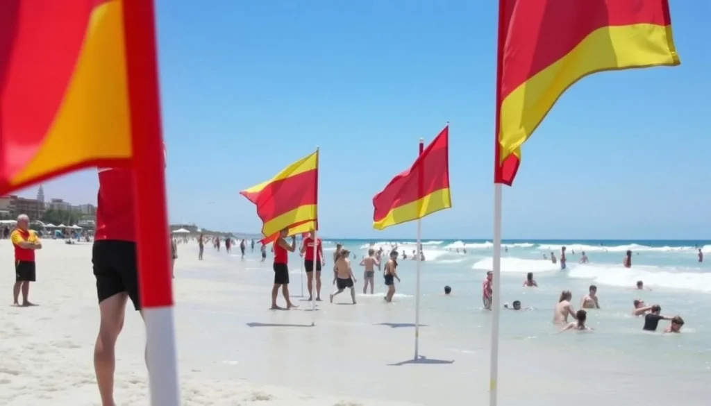 Beach safety flags at Port Fairy with lifeguards on duty