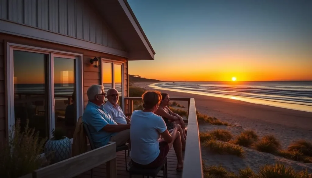 Beachfront accommodation at sunset on Yorke Peninsula South Australia with people relaxing on the veranda