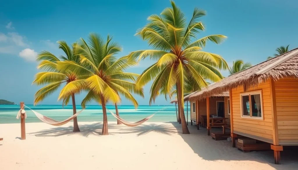 Beachfront accommodation on Balut Island with traditional Filipino-style cottages and palm trees