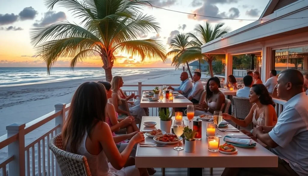 Beachfront dining at a restaurant on Seven Mile Beach Grand Cayman with people enjoying seafood